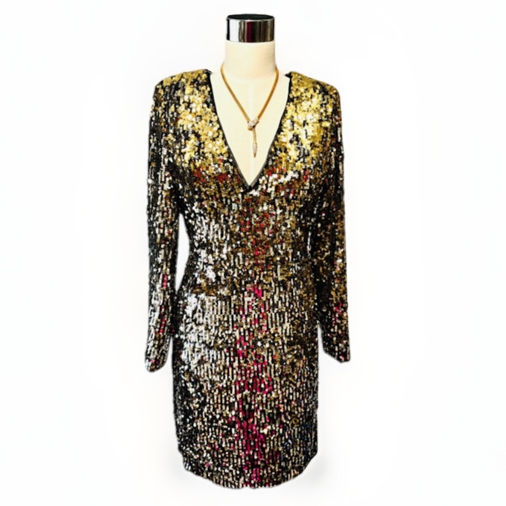 Aidan Mattox metallic black and gold sequin bodycon cocktail‎ dress. 4